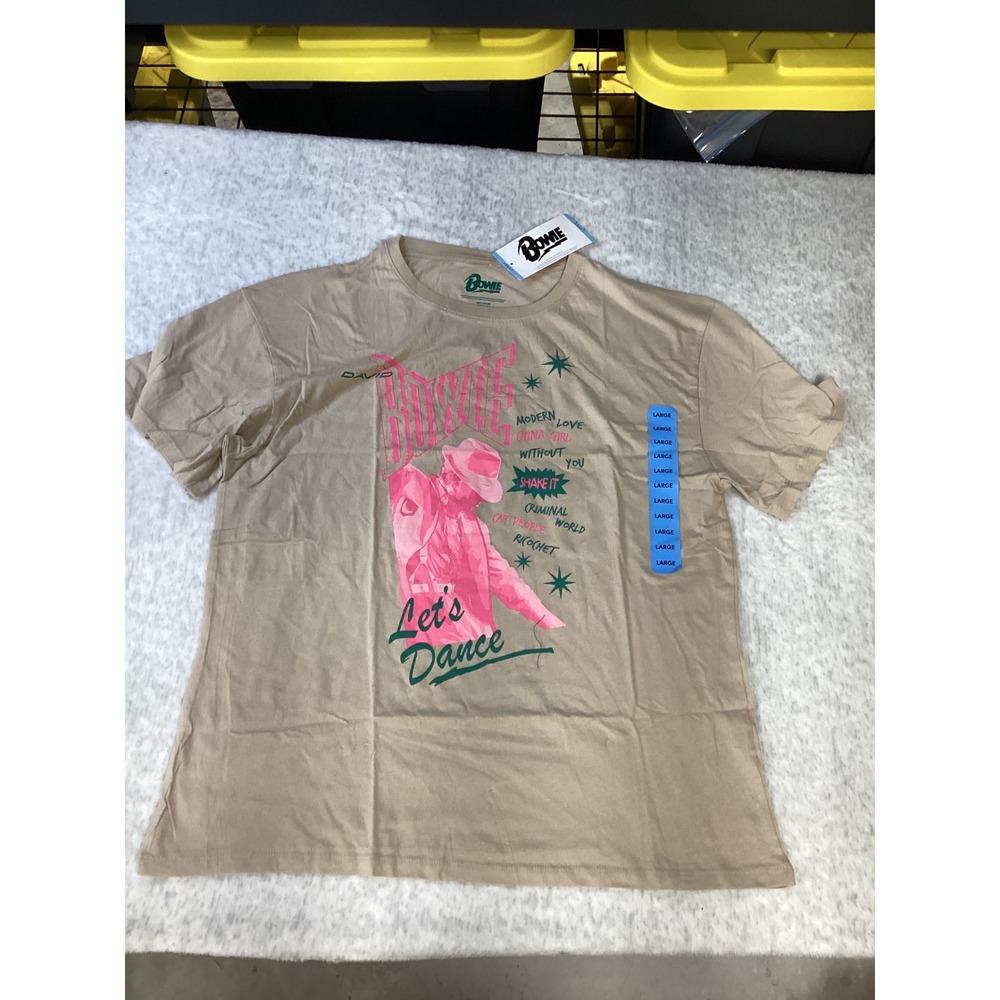 David Bowie Lets Dance Graphic Tee Tan Pink Green 100% Cotton NWT Large 15806